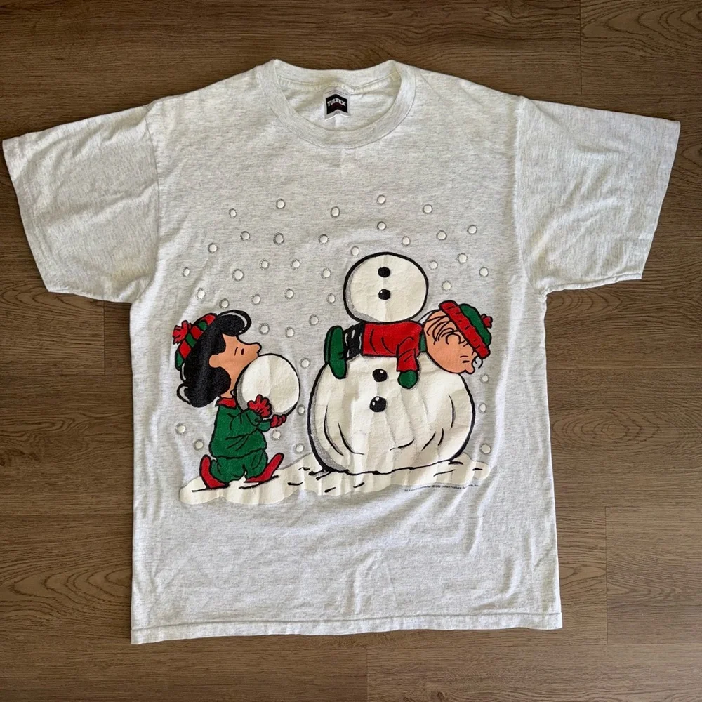 Vintage Peanuts Charlie Brown Holiday Building Snowman T-Shirt Tultex Size Large